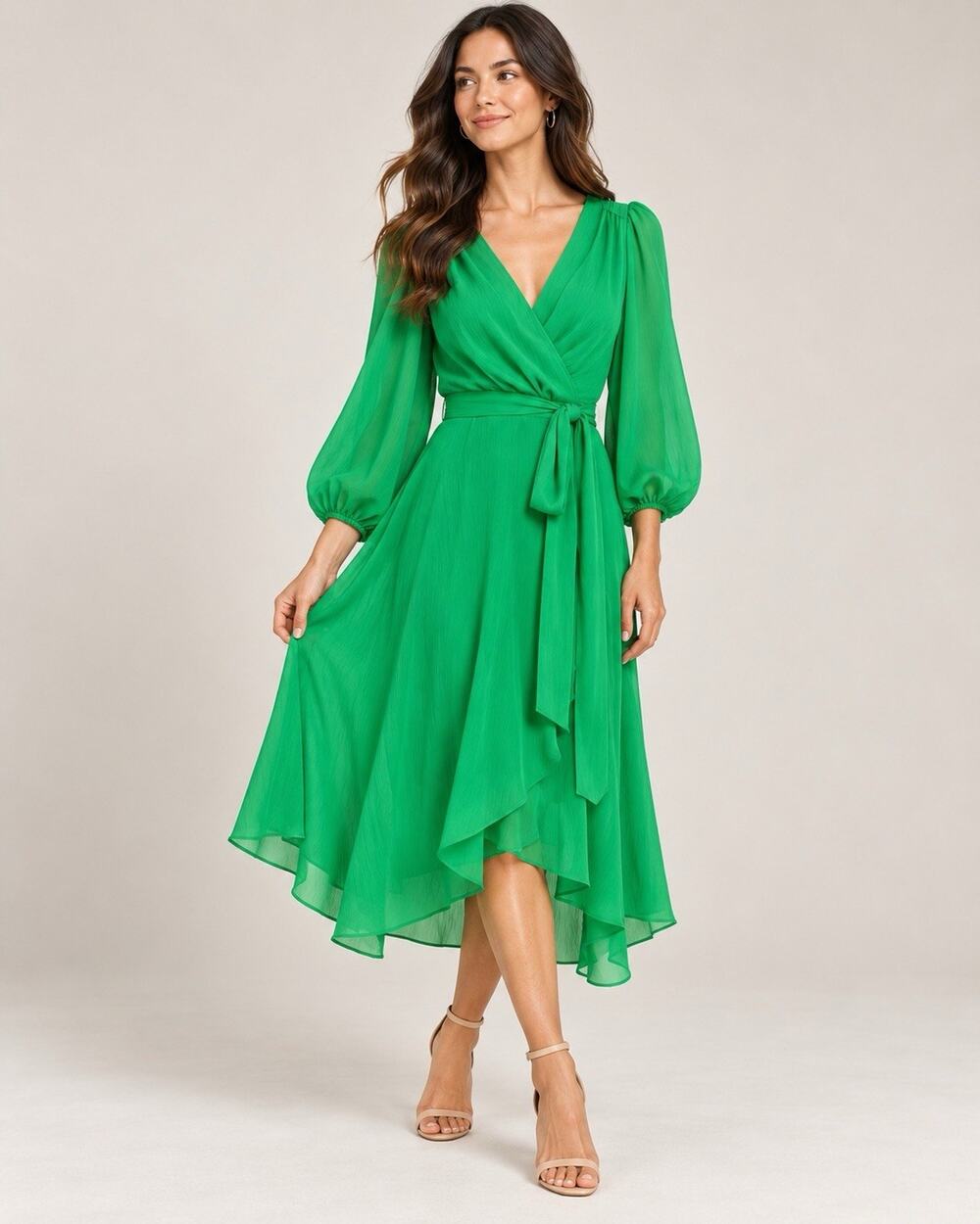 DKNY Green Wrap Midi Dress Size 2P Belted